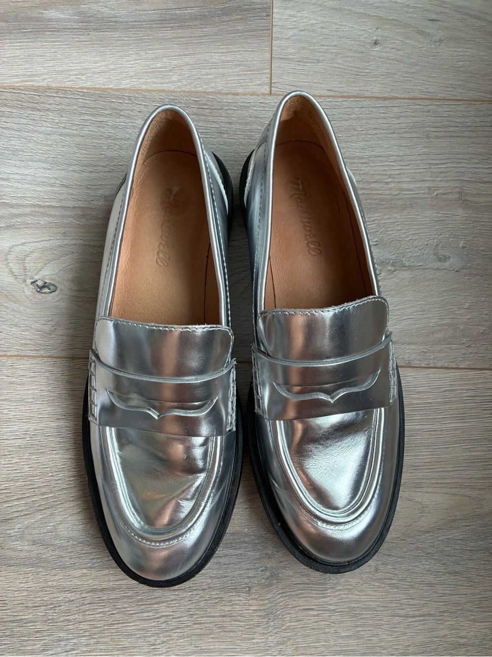 Madewell Metallic Silver Penny Loafers